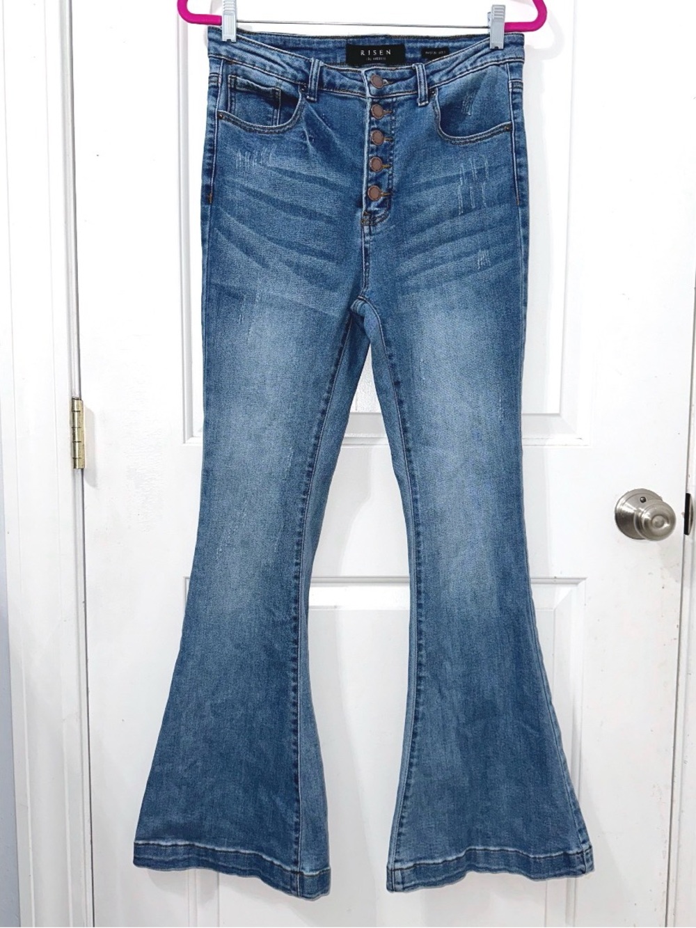 Risen High-Rise Button-Fly Flare Jeans in Medium Blue
